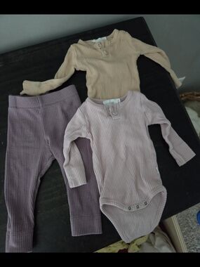 Jamie Kay ribbed set in cream, pink, and purple